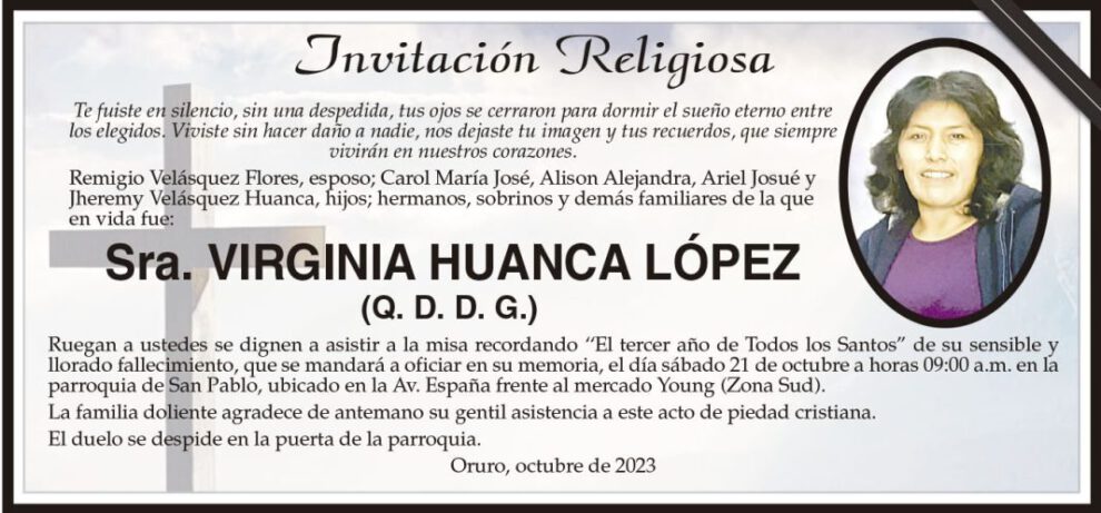 Invitación Religiosa en memoria de Virginia Huanca López