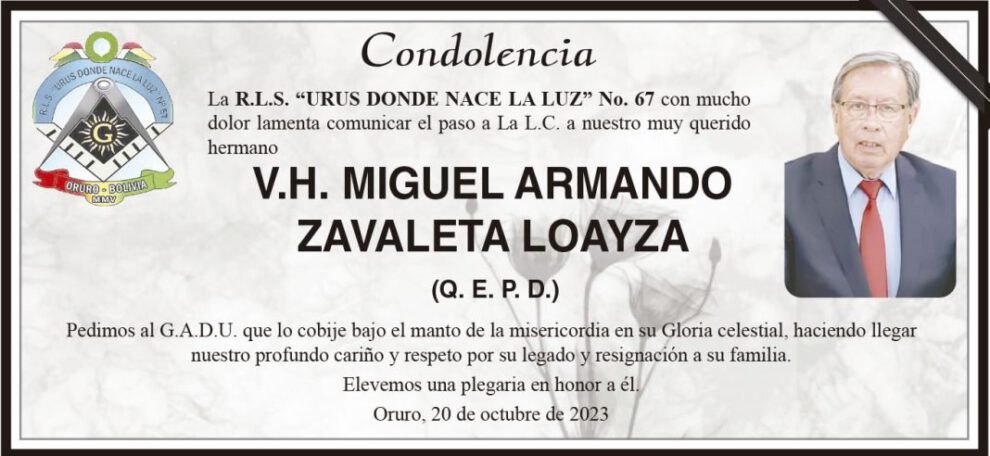 Condolencia por Miguel Armando Zavaleta Loayza