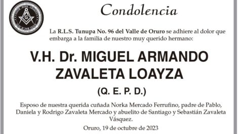 Condolencia por la muerte de Miguel Armando Zavaleta Loayza