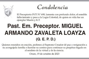Condolencia por el fallecimiento de Miguel Armando Zavaleta Loayza