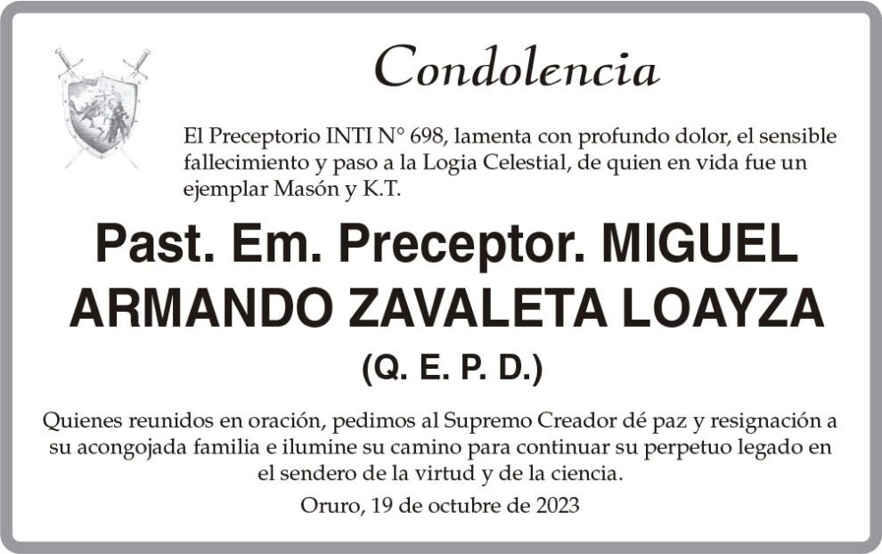 Condolencia por el fallecimiento de Miguel Armando Zavaleta Loayza