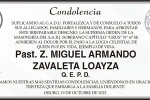 Condolencia por el fallecimiento de Past. Z. Miguel Armando Zavaleta Loayza Q. E. P. D.