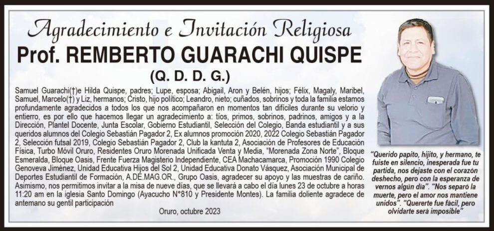 Agradecimiento e Invitación Religiosa por Prof. Remberto Guarachi Quispe