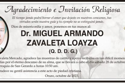 Agradecimiento e Invitación Religiosa: Dr. Miguel Armando Zavaleta Loayza