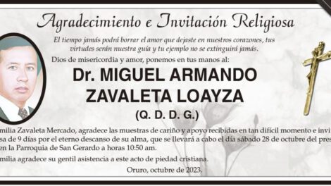Agradecimiento e Invitación Religiosa: Dr. Miguel Armando Zavaleta Loayza