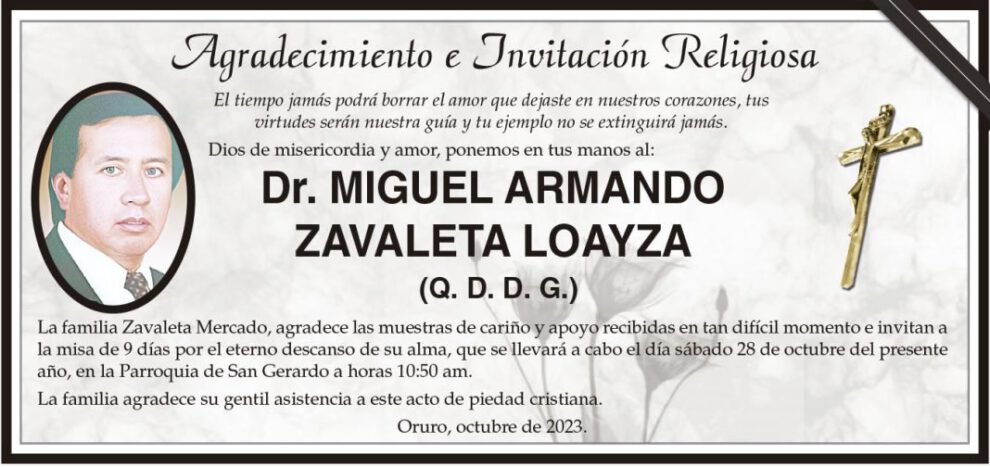 Agradecimiento e Invitación Religiosa: Dr. Miguel Armando Zavaleta Loayza