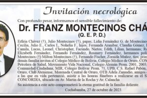 Invitación necrológica del Dr. Franz Montecinos Chávez
