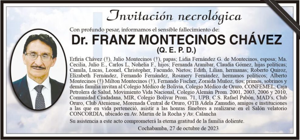 Invitación necrológica del Dr. Franz Montecinos Chávez
