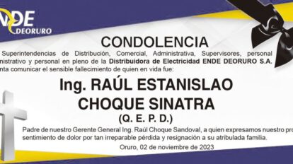Condolencia por el fallecimiento de Ing. Raúl Estanislao Choque Sinatra