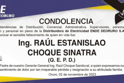 Condolencia por el fallecimiento de Ing. Raúl Estanislao Choque Sinatra
