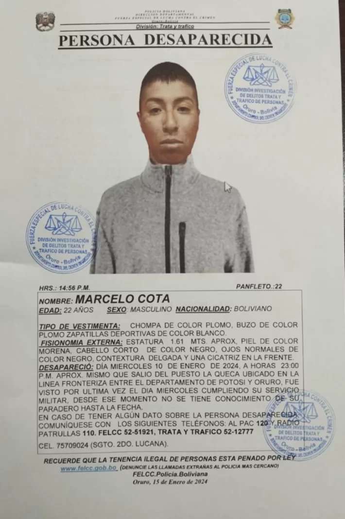 Conscripto desaparecido Marcelo Cota aparece con vida en Oruro