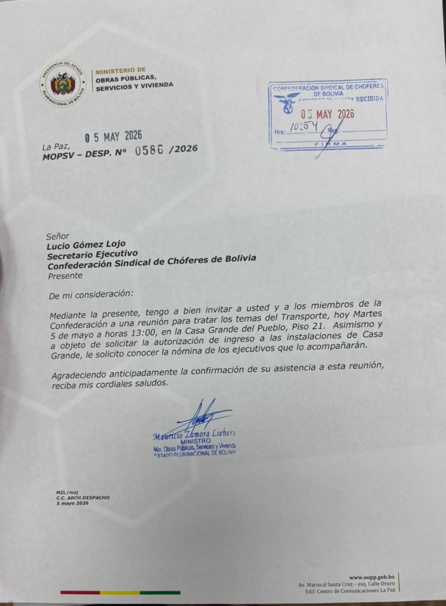 Nota del Gobierno para la Confederación Sindical de Choferes de Bolivia