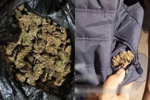 marihuana en una bolsa y otro tanto en los bolsillos