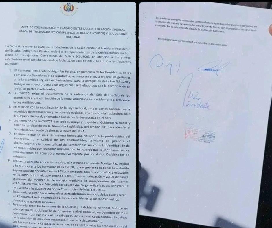 El acuerdo firmado por el Gobierno y la CSUTCB