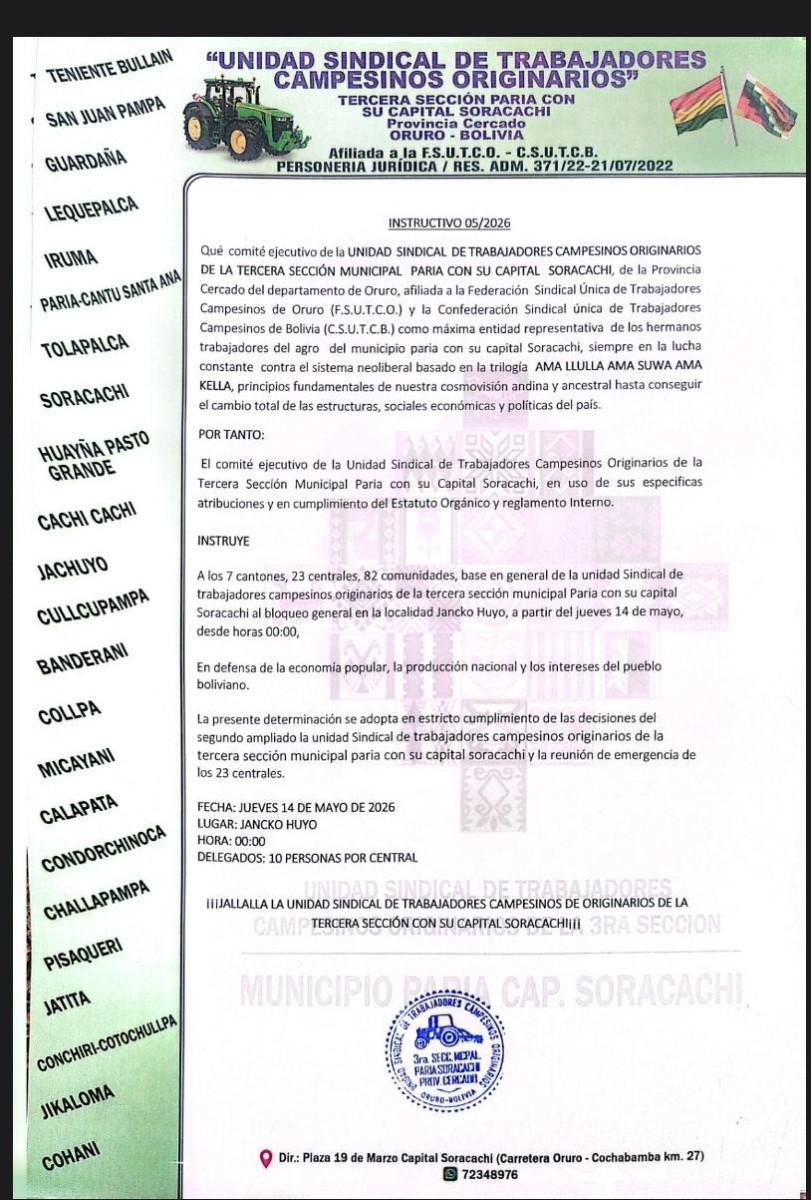 convocatoria para bloqueos de Soracachi