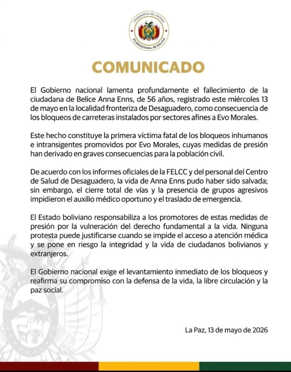 Comunicado del Gobierno nacional confirmando el fallecimiento de Anna Enns en Desaguadero