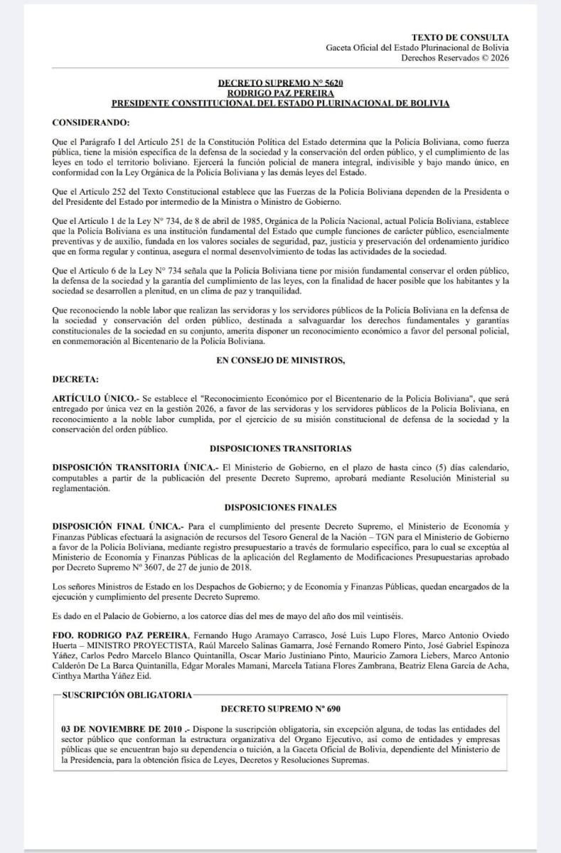 El Decreto Supremo 5620 establece el bono de Bs 3.000 para la Policía