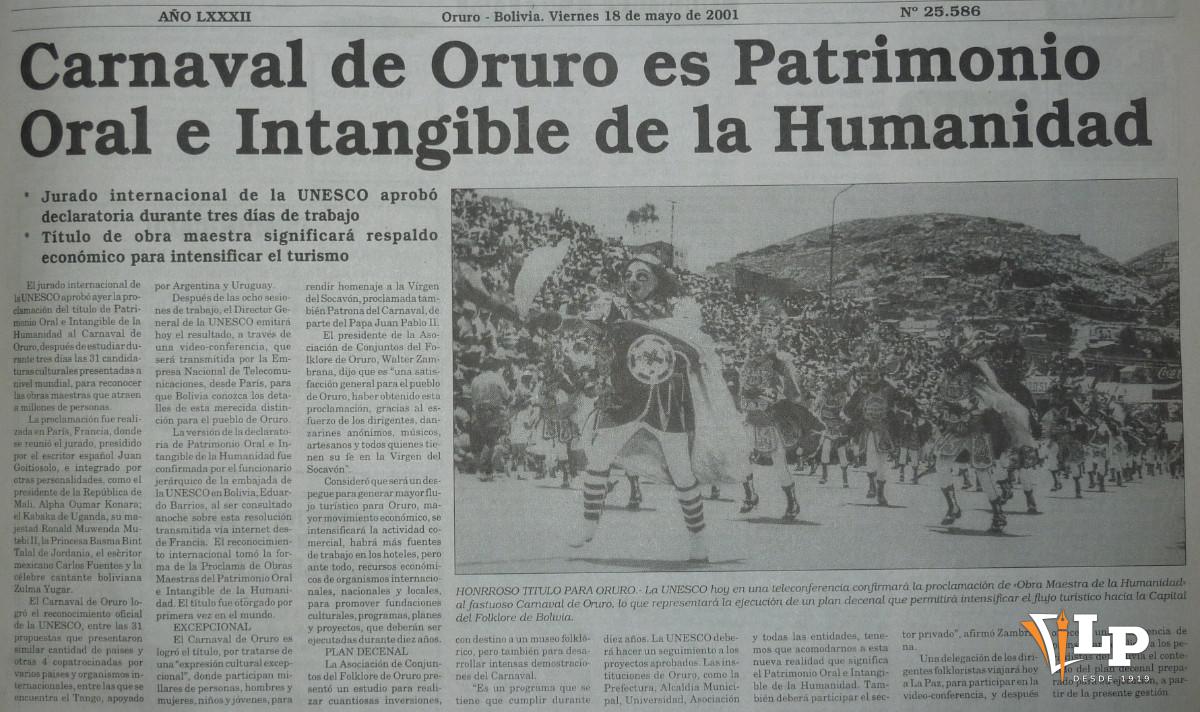 periódico de 2001 en el que se refleja la proclama del Carnaval de Oruro