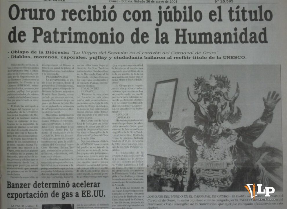 periódico de 2001 en el que se refleja la proclama del Carnaval de Oruro