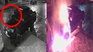 Las imágenes muestran como el aprehendido vierte un liquido inflamable en el motorizado