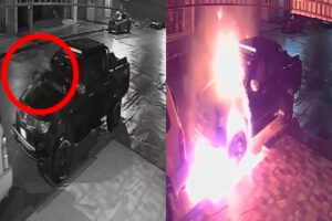 Las imágenes muestran como el aprehendido vierte un liquido inflamable en el motorizado