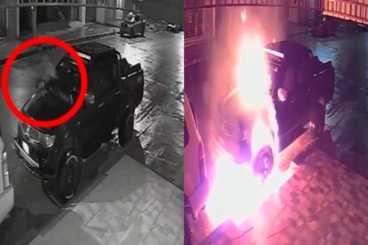 Las imágenes muestran como el aprehendido vierte un liquido inflamable en el motorizado