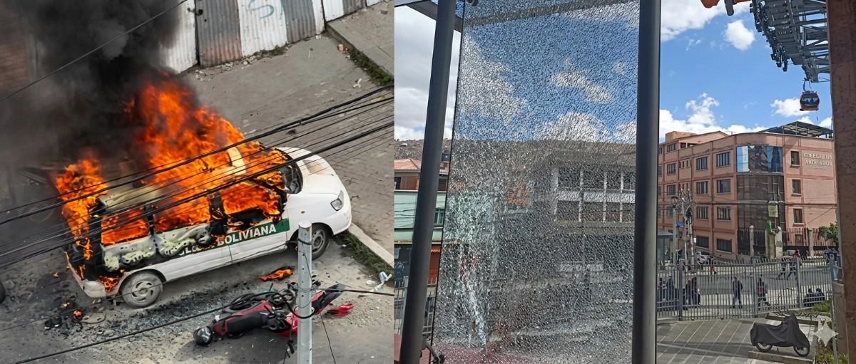 A la izquierda el vehículo policial en llamas. A la derecha se observa ventanas dañadas de Mi Teleférico