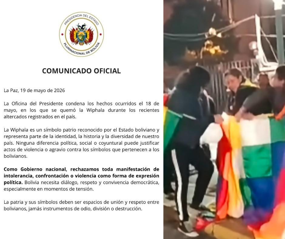En las imágenes se observa cómo los manifestantes arrancaron la Wiphala para romperla y quemarla