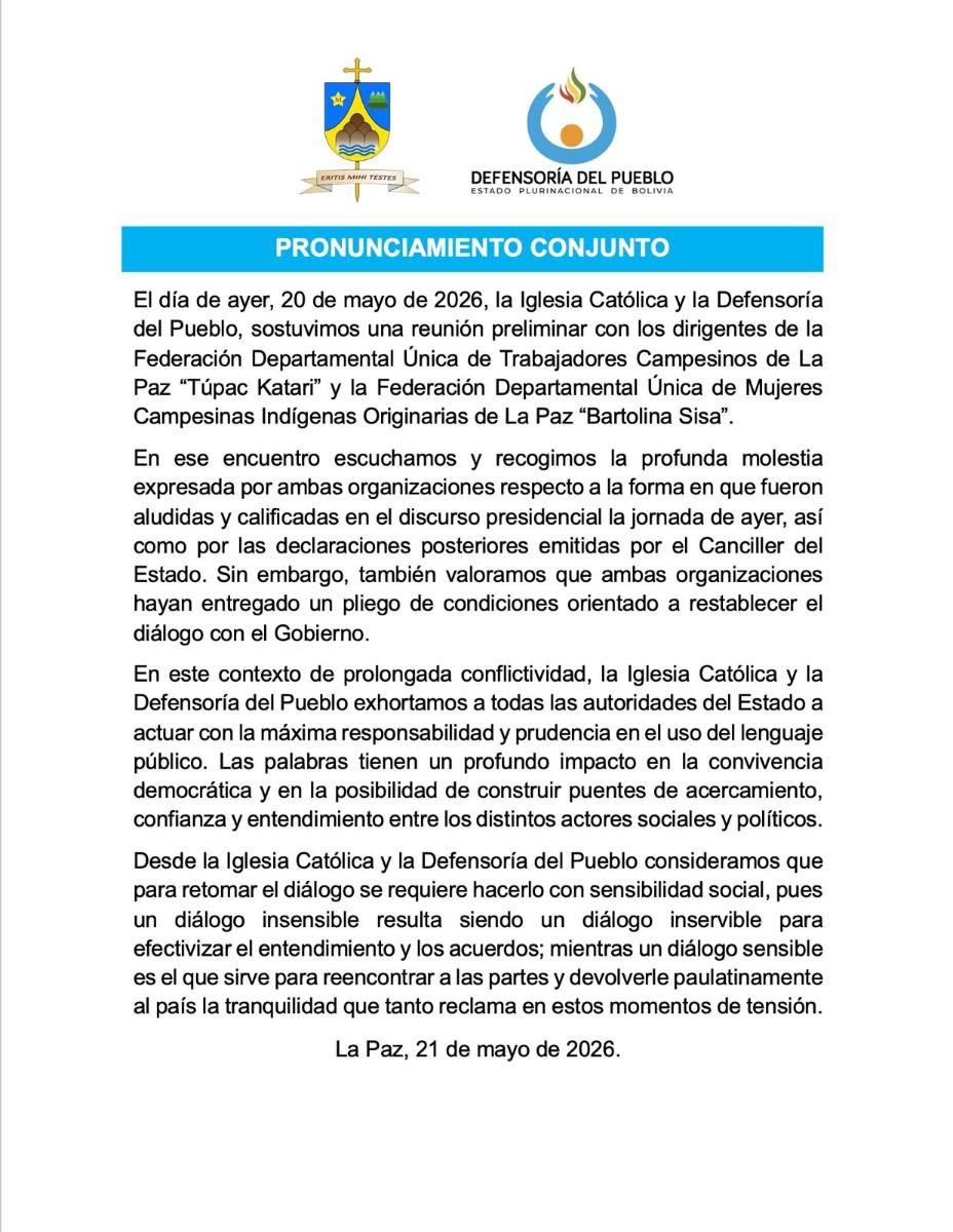 El pronunciamiento conjunto de la Defensoría y la Iglesia Católica