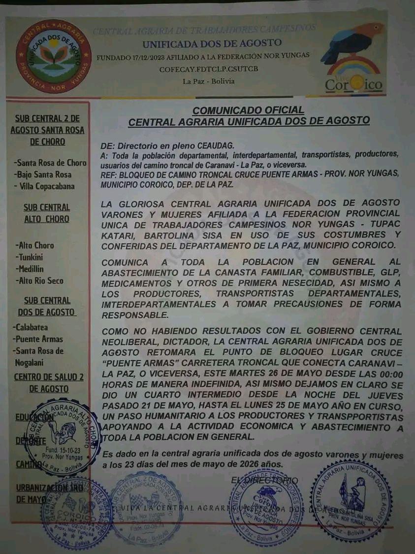El Comunicado oficial de la Central Agraria
