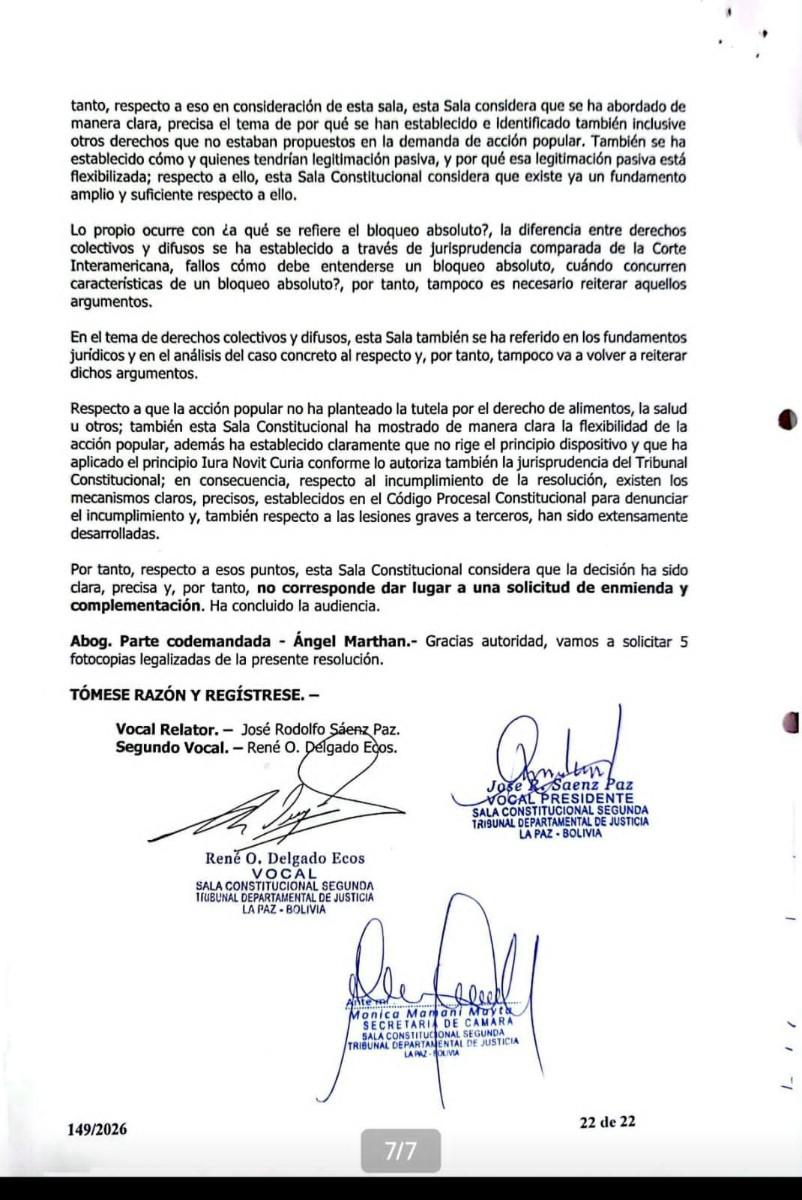 Resolución Constitucional N° 149/2026, mediante la cual dispone el levantamiento inmediato de todos los bloqueos absolutos