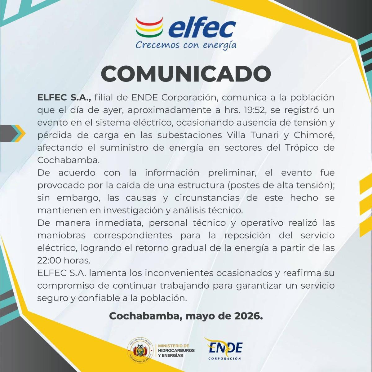 Comunicado oficial de Elfec