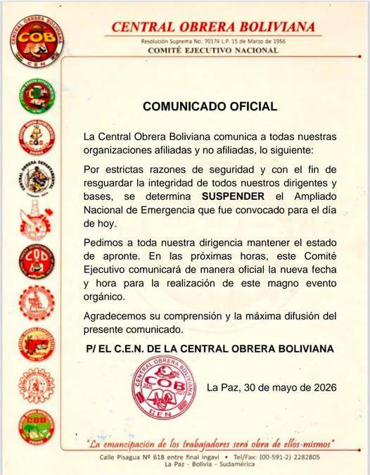 Comunicado de la Central Obrera Boliviana (COB)