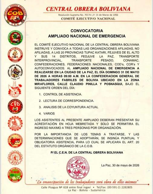 Comunicado de la Central Obrera Boliviana (COB) •