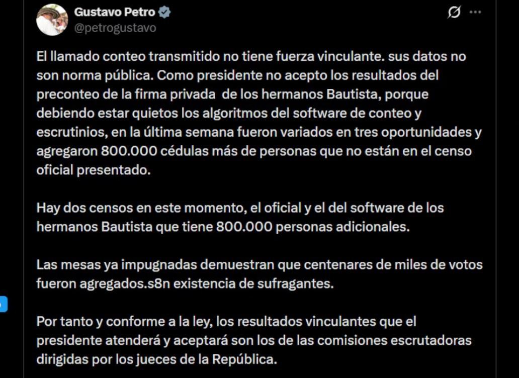 El presidente Gustavo Petro no reconoció los resultados