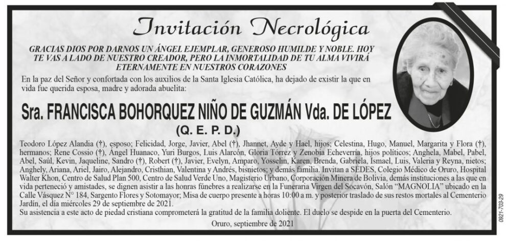 Invitación Necrológica de Francisca Bohorquez Niño de Guzmán
