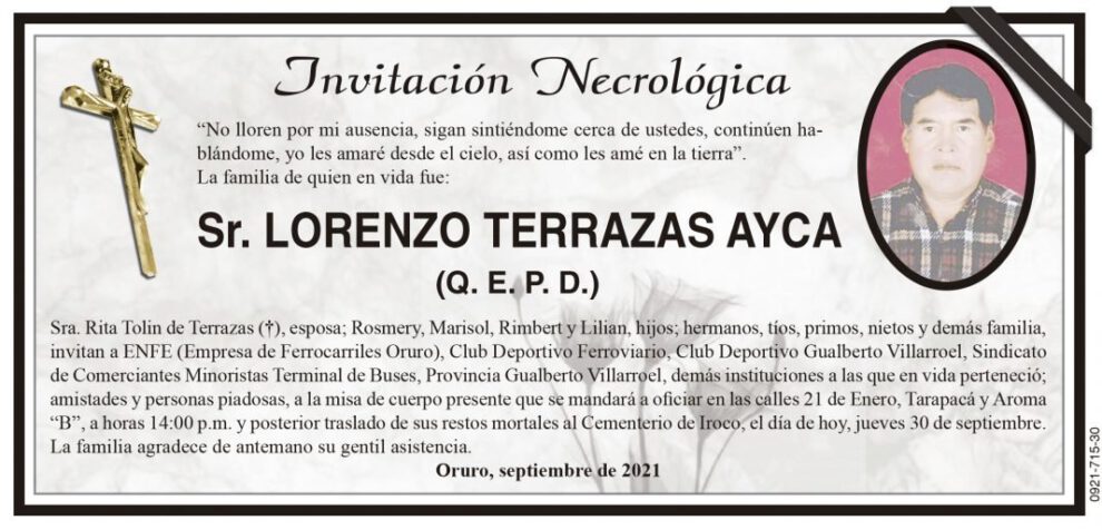 Invitación Necrológica: Lorenzo Terrazas Ayca