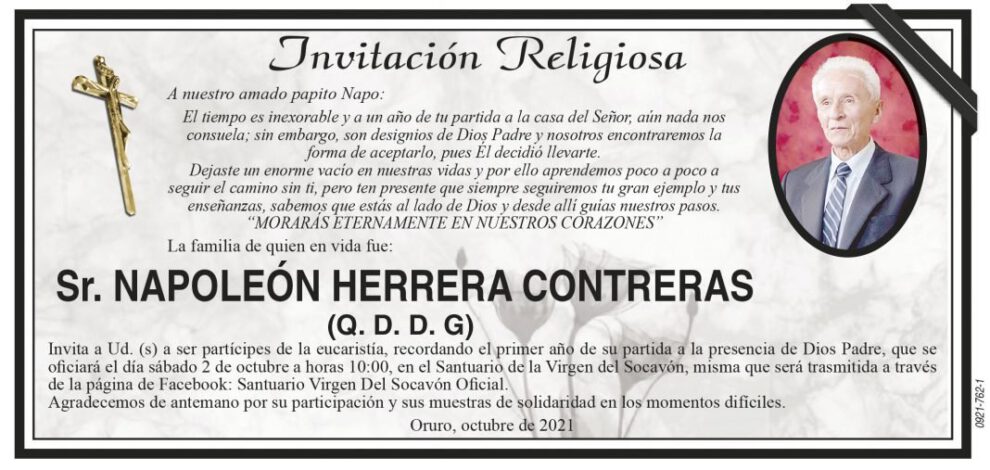 Invitación Religiosa para recordar a Napoleón Herrera Contreras