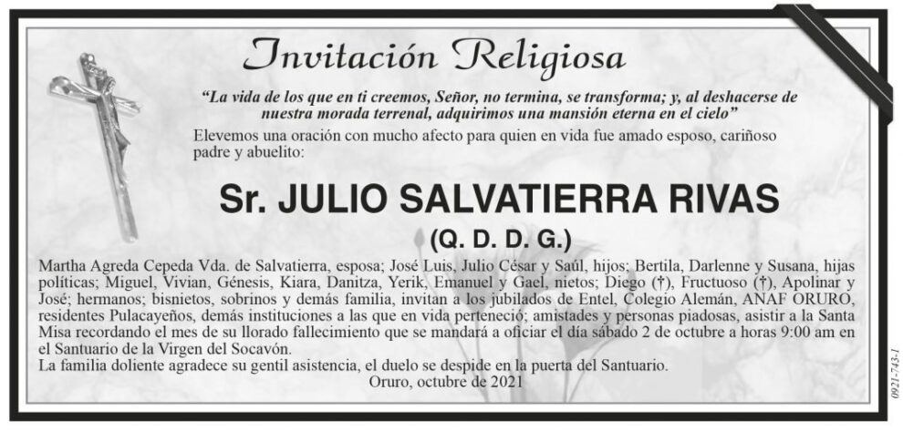 Invitación Religiosa para Julio Salvatierra Rivas