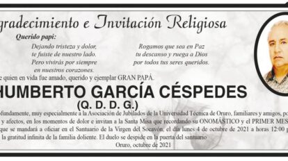 Agradecimiento e Invitación Religiosa por Humberto García Céspedes