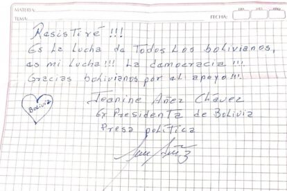 Nota de Añez sobre resistencia y democracia