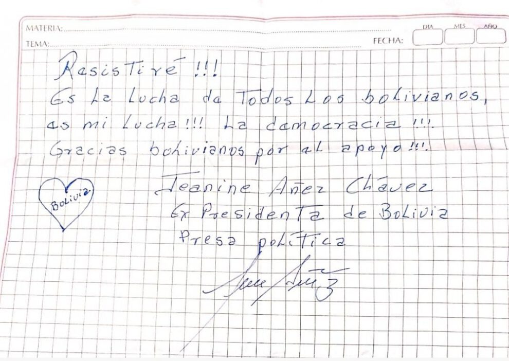 Nota de Añez sobre resistencia y democracia