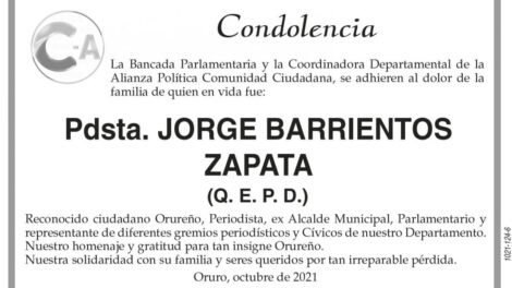 Condolencia por la pérdida de Jorge Barrientos Zapata