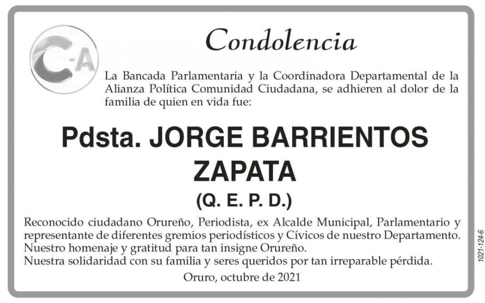 Condolencia por la pérdida de Jorge Barrientos Zapata