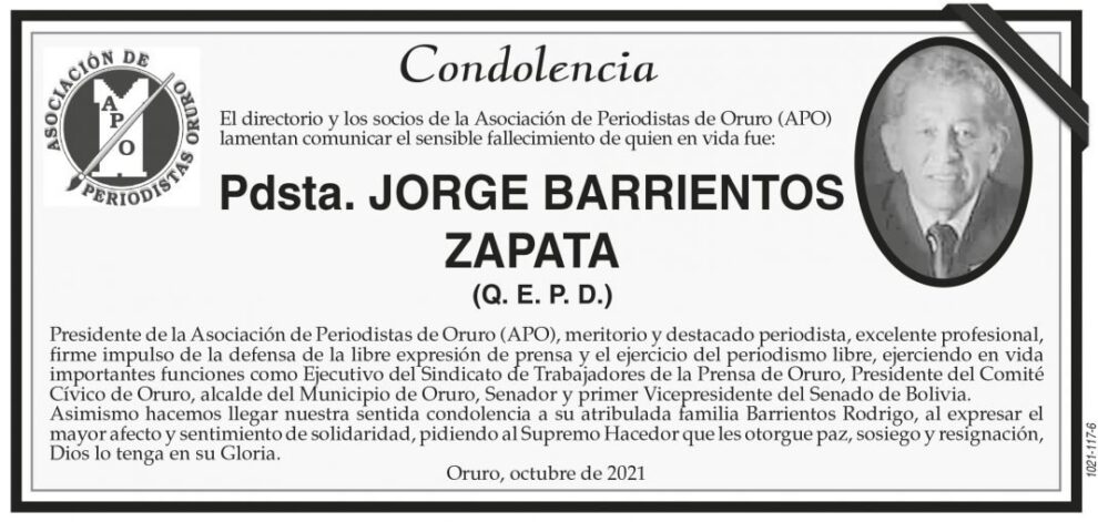 Condolencia por el fallecimiento de Jorge Barrientos Zapata