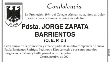 Condolencia por el fallecimiento de Pdsta. Jorge Zapata Barrientos