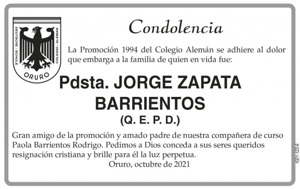 Condolencia por el fallecimiento de Pdsta. Jorge Zapata Barrientos