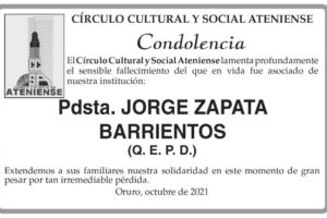 Condolencia por el fallecimiento de Jorge Zapata Barrientos