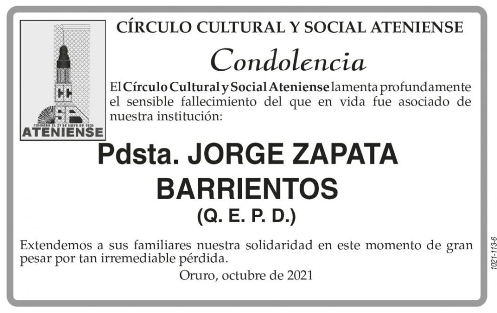 Condolencia por el fallecimiento de Jorge Zapata Barrientos