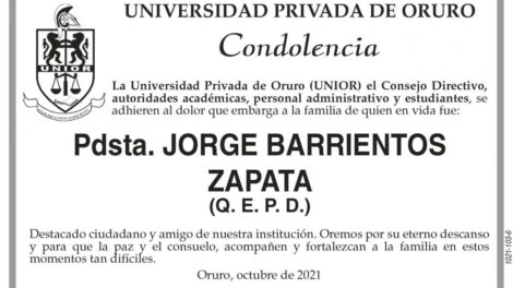 Condolencia por el fallecimiento de Pdsta. Jorge Barrientos Zapata